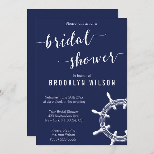 ネイビー航海のブルーブライダルシャワー招待状ホイール 招待状 (正面/裏面)