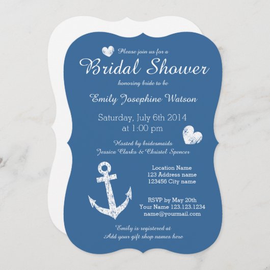 ネイビー航海のブルーブライダルシャワー招待状 招待状 (正面/裏面)