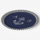 ネイビー航海のブルーホワイトいかりストライプモノグラム ペーパープレート (アングル)