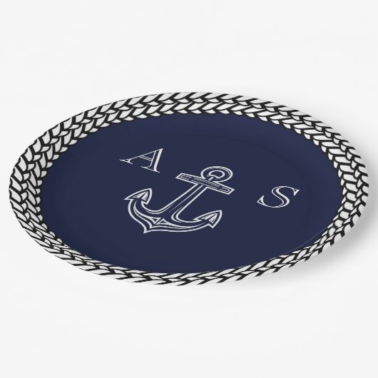 ネイビー航海のブルーホワイトいかりストライプモノグラム ペーパープレート (アングル)