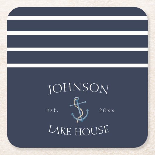 ネイビー航海のブルーホワイトいかりストライプ スクエアペーパーコースター (正面)