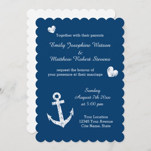 ネイビー航海のブルーホワイトいかり結婚式招待状 招待状 (正面/裏面)