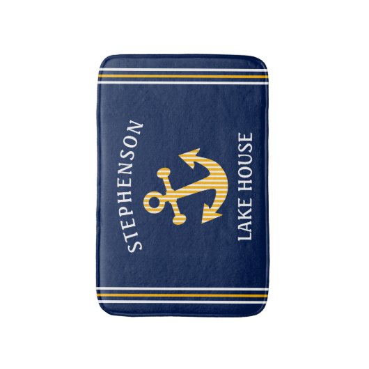 ネイビー航海のブルーホワイトイエローカスタムファミリーレイク バスマット (正面縦)