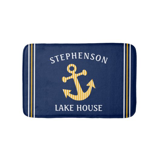 ネイビー航海のブルーホワイトイエローカスタムファミリーレイク バスマット (正面)