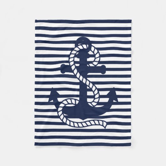ネイビー航海のブルーホワイトストライプいかりとブルー フリースブランケット (正面)