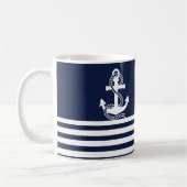 ネイビー航海のブルーホワイトストライプいかりとホワイト コーヒーマグカップ (左)