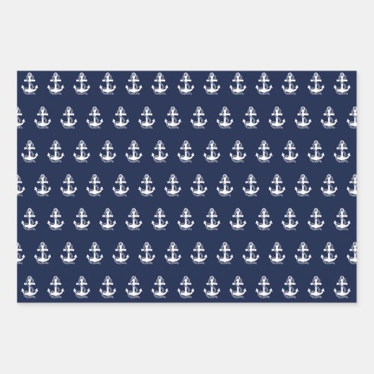 ネイビー航海のブルーホワイトストライプいかりとホワイト ラッピングペーパーシート (正面3)
