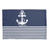 ネイビー航海のブルーホワイトストライプいかりとホワイト 枕カバー (正面左)