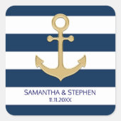 ネイビー航海のブルーホワイトストライプ金ゴールドいかり スクエアシール (正面)