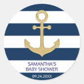 ネイビー航海のブルーホワイトストライプ金ゴールド赤ちゃんシャワー ラウンドシール (正面)