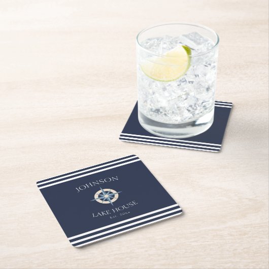 ネイビー航海のブルーホワイトファミリーネームレイクハウス スクエアペーパーコースター (インサイチュ)