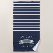ネイビー航海のブルーホワイトファミリーネームレイクハウス ビーチタオル (正面)