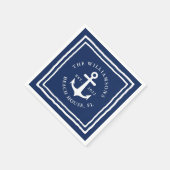 ネイビー航海のブルーホワイトファミリー名いかり スタンダードカクテルナプキン (角)