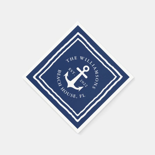 ネイビー航海のブルーホワイトファミリー名いかり スタンダードカクテルナプキン (角)