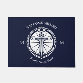 ネイビー航海のブルーホワイトボート名いかり歓迎 ドアマット