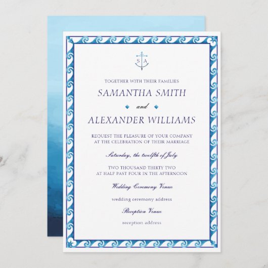 ネイビー航海のブルーホワイトモノグラムいかり結婚ズ 招待状 (正面/裏面)