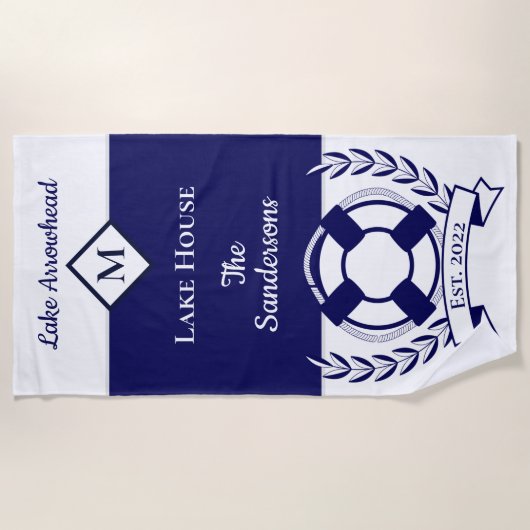 ネイビー航海のブルーホワイトモノグラムレイクハウスベ ビーチタオル (正面)