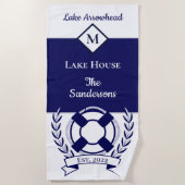 ネイビー航海のブルーホワイトモノグラムレイクハウスベ ビーチタオル (正面)