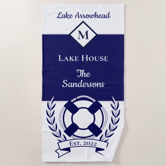 ネイビー航海のブルーホワイトモノグラムレイクハウスベ ビーチタオル (正面)