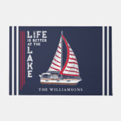 ネイビー航海のブルーホワイトレッドセイルボートレイクハウス ドアマット (正面)