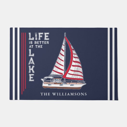 ネイビー航海のブルーホワイトレッドセイルボートレイクハウス ドアマット (正面)