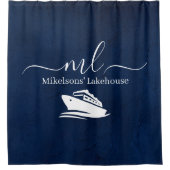 ネイビー航海のブルーボートモノグラム シャワーカーテン (正面)