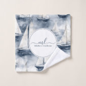 ネイビー航海のブルーボートモノグラム バスタオルセット (ウォッシュタオル)