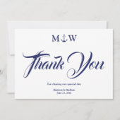 ネイビー航海のブルーモノグラ結婚ムサンキューカード (正面)