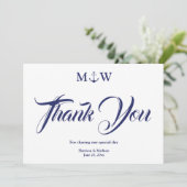 ネイビー航海のブルーモノグラ結婚ムサンキューカード (スタンド正面)