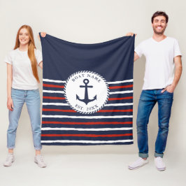 ネイビー航海のブルーレッド白いかりボート名 フリースブランケット