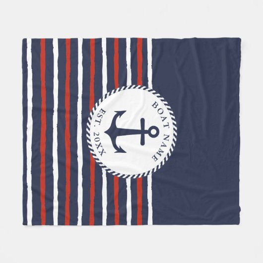 ネイビー航海のブルーレッド白いかりボート名 フリースブランケット (正面(横))