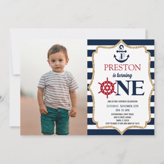 ネイビー航海のブルーワン写真第1回誕生日 招待状 (正面)