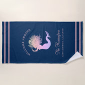 ネイビー航海のブルー名前をカスタムするマーメイドビーチタオル ビーチタオル (正面)