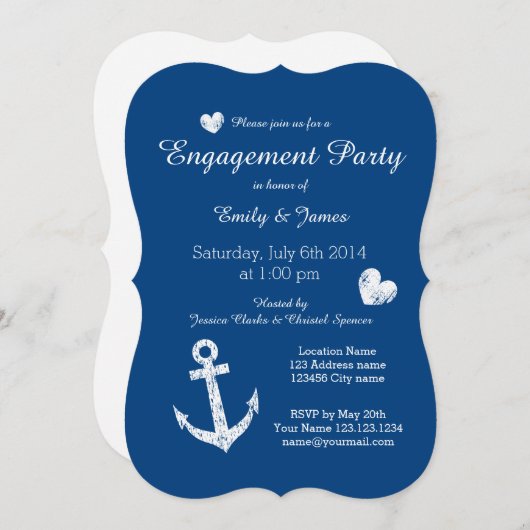 ネイビー航海のブルー婚約パーティ招待状 招待状 (正面/裏面)
