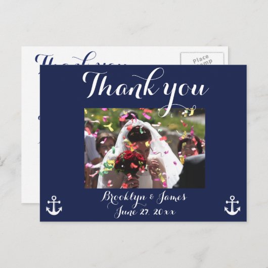 ネイビー航海のブルー結婚の感謝はがき ポストカード (正面/裏面)