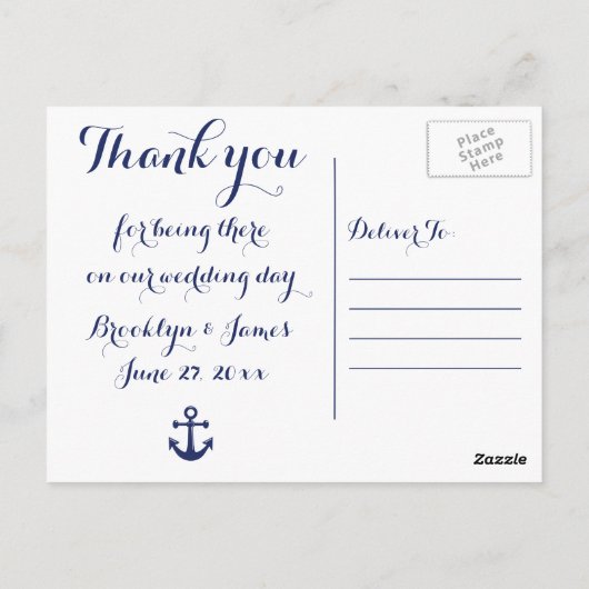 ネイビー航海のブルー結婚の感謝はがき ポストカード (裏面)