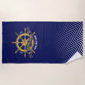 ネイビー航海のブルー金ゴールドに搭載された船舶用車輪の歓迎 ビーチタオル (正面)