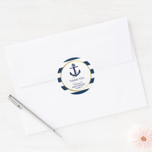 ネイビー航海のブルー金ゴールドストライプいかりベビーシャワー ラウンドシール (封筒)