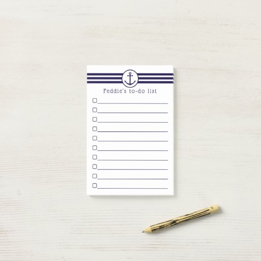 ネイビー航海のブルー&ホワイトいかり付きストライプ ポストイット (デスク上)