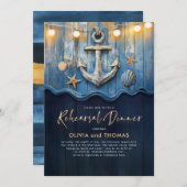 ネイビー航海のブルー&金ゴールドいかりリハーサルディナー 招待状 (正面/裏面)