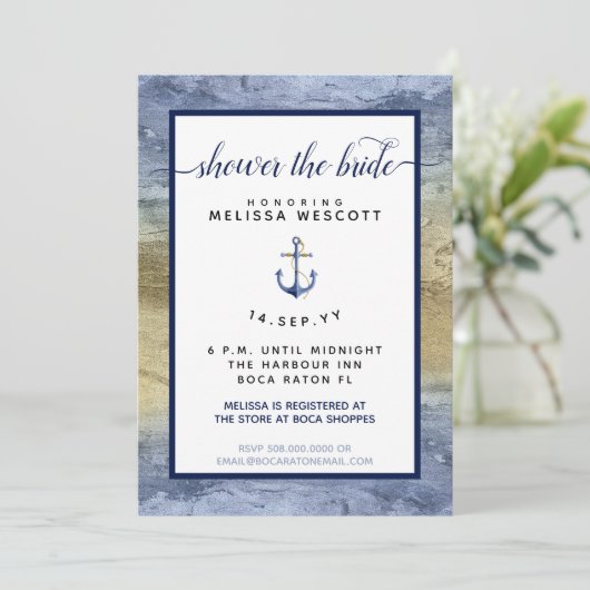 ネイビー航海のブルー&金ゴールドウォーターカラーブライダルシャワー 招待状 (スタンド正面)