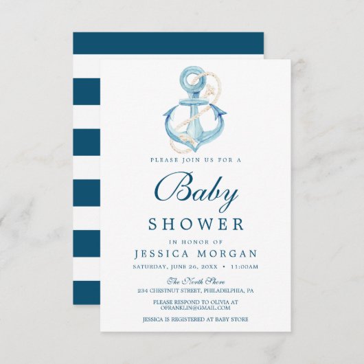 ネイビー航海のベイビーシャワー招待状カード 招待状 (正面/裏面)