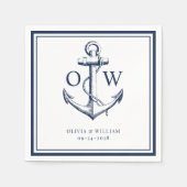 ネイビー航海のホワイトいかりモノグラム結婚ズ スタンダードカクテルナプキン (正面)