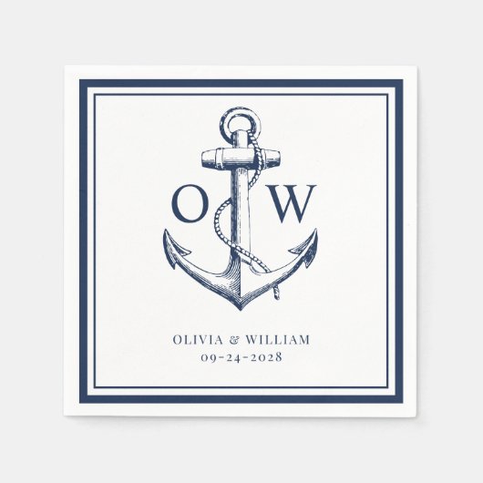 ネイビー航海のホワイトいかりモノグラム結婚ズ スタンダードカクテルナプキン (正面)