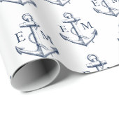 ネイビー航海のホワイトいかりモノグラム結婚ズ ラッピングペーパー (ロールコーナー)
