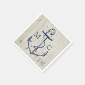 ネイビー航海のホワイトいかり素朴ウッドモノグラム スタンダードカクテルナプキン (角)