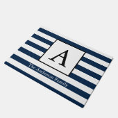 ネイビー航海のホワイトストライプとファミリ名 ドアマット (アングル)