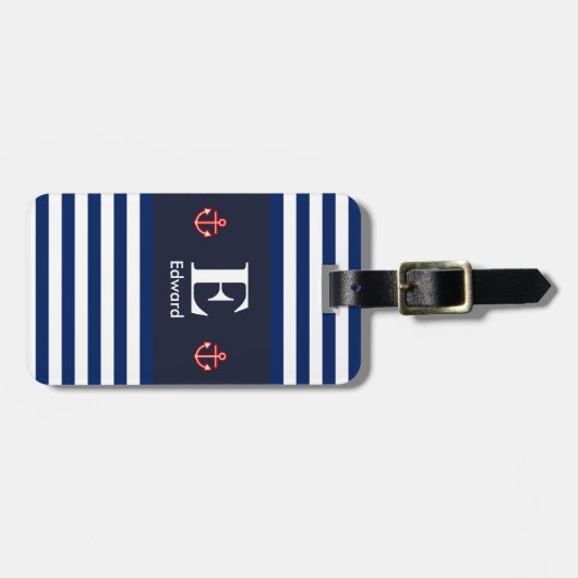 ネイビー航海のホワイトストライプレンズモノグラム ラゲッジタグ (正面横)