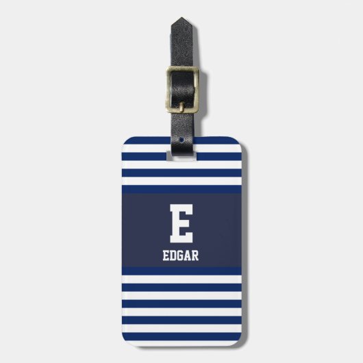 ネイビー航海のホワイトストライプレンズモノグラム ラゲッジタグ (正面縦)
