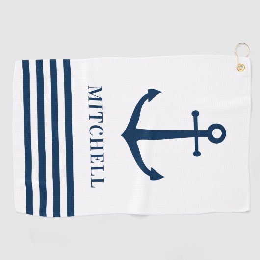 ネイビー航海のホワイトネームパーソナライズされたボートいかり ゴルフタオル (横)